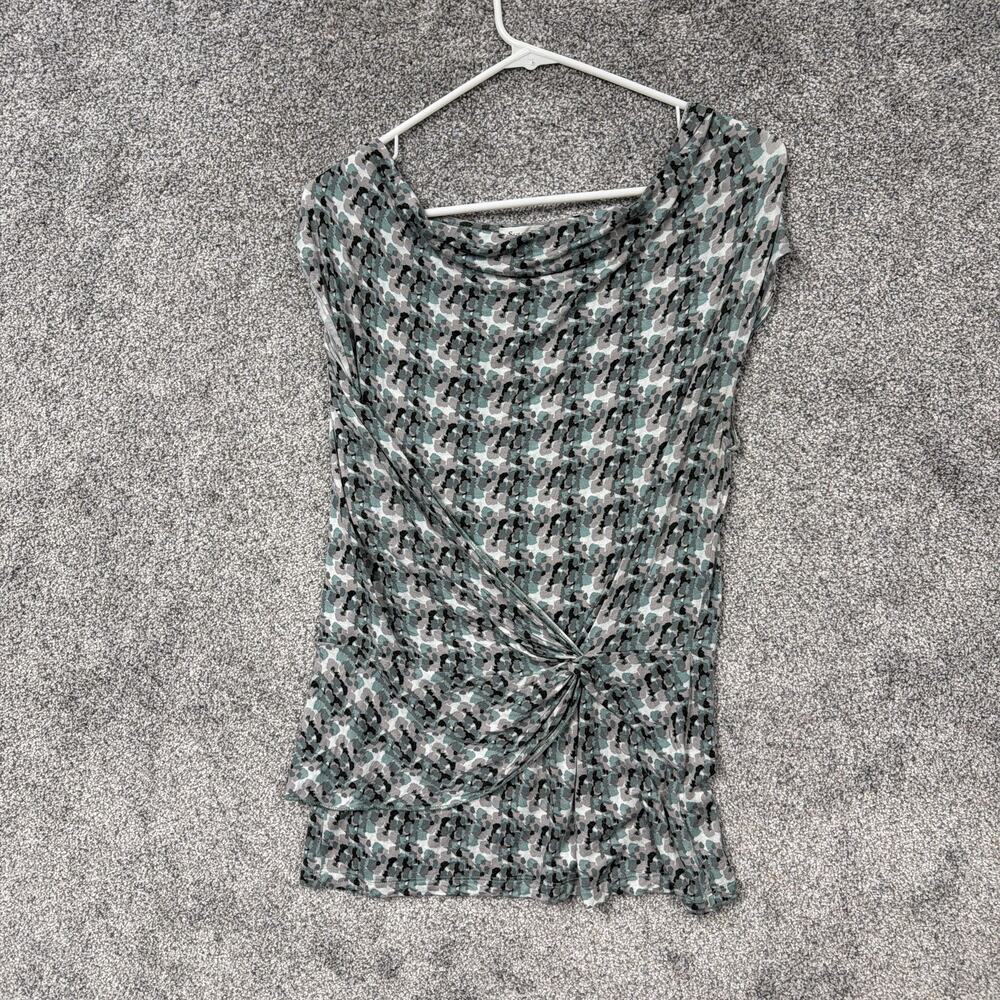 Susan Bristol Blouse Womens M Gray Green Geometric Cowl Neck Ruched Jersey Top